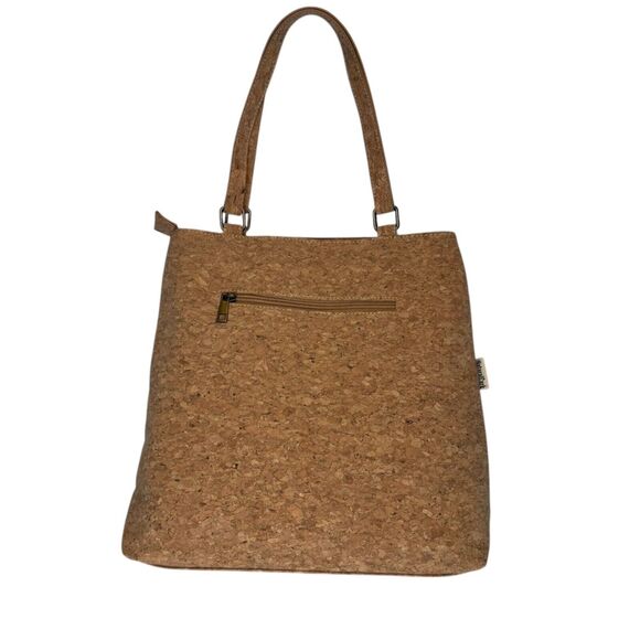 Natural Cork Shoulder Tote Bag With Tropical Leaf Print & Zipper Pockets - Picture 5 of 12
